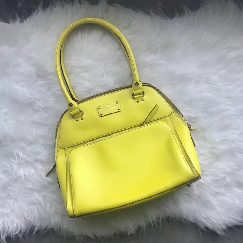 Kate Spade NEW YORK Zipper Pockets Leather Yellow Green Shoulder Hand Bag Purse